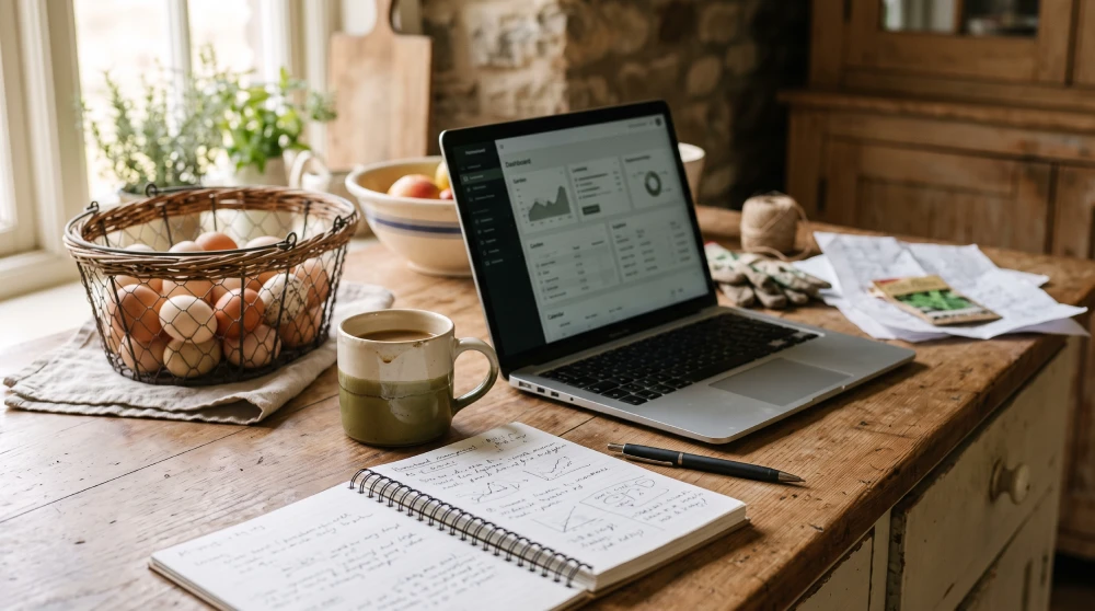 A cluttered kitchen counter with notebooks, papers, and a laptop