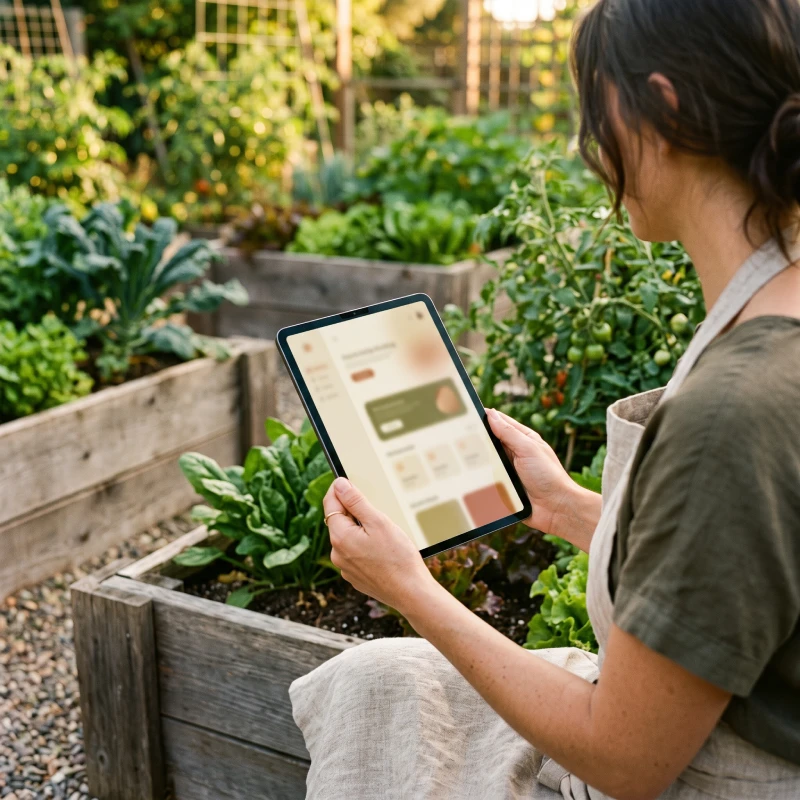 A homesteader checking Furrow & Flock on a tablet in the garden